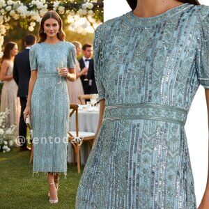 Mac Duggal 5980 Size 2‎ Light Blue High Neck Short Sleeve Fringe Column Dress